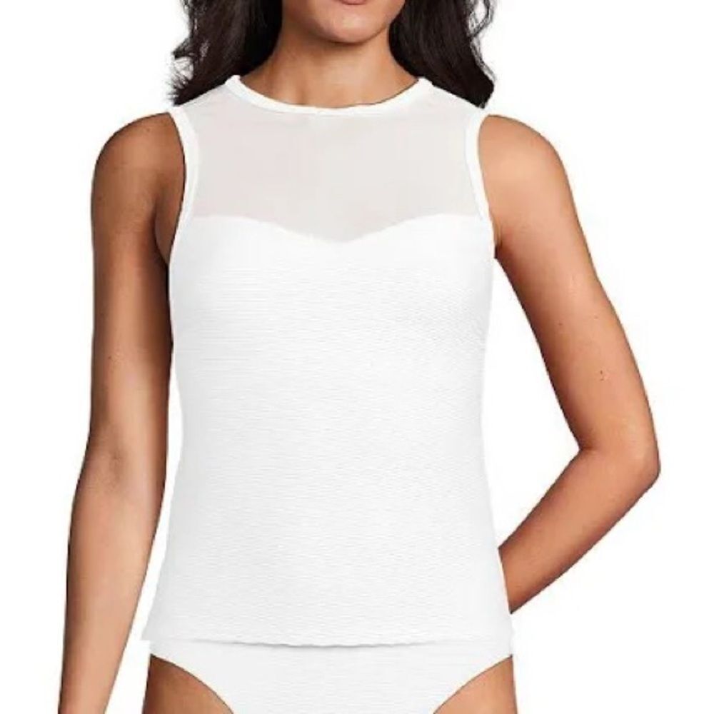 Land's End Tankini Top Mesh Ribbed High Neck back closure Ottoman White Various